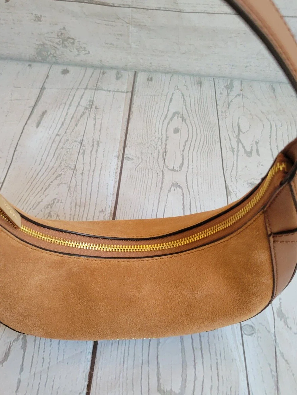 Michael Kors Tan Preston Suede and Leather Crescent Shoulder Bag - Picture 6 of 9